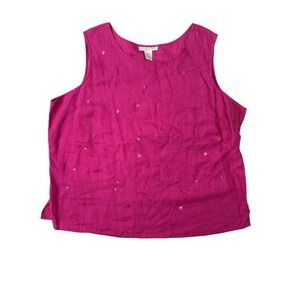 Womens Plus 3X Sarah Spencer 100% Linen Tank Pink Stitch Design with Sequins